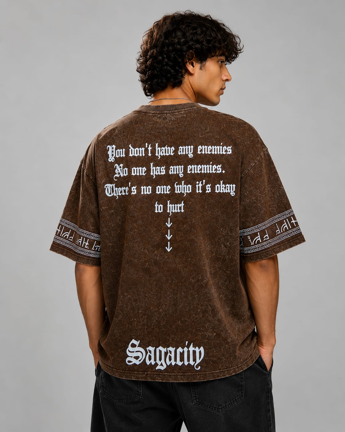 No Enemies Acid Wash Oversized T-Shirt – Brown