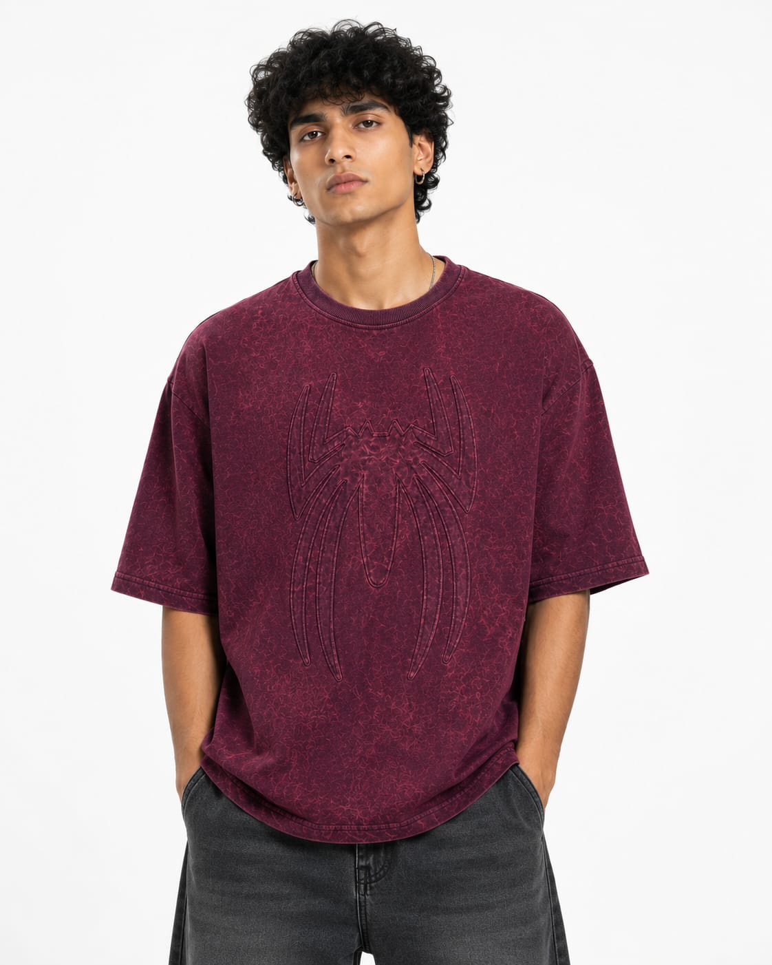 Spider Core Acid Wash Oversized T-Shirt – Maroon