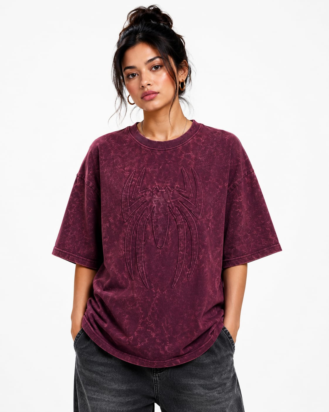 Spider Core Acid Wash Oversized T-Shirt – Maroon