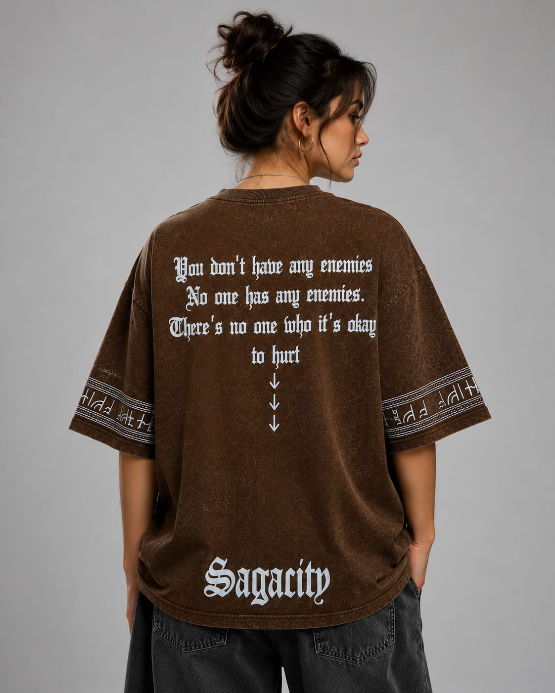 No Enemies Acid Wash Oversized T-Shirt – Brown